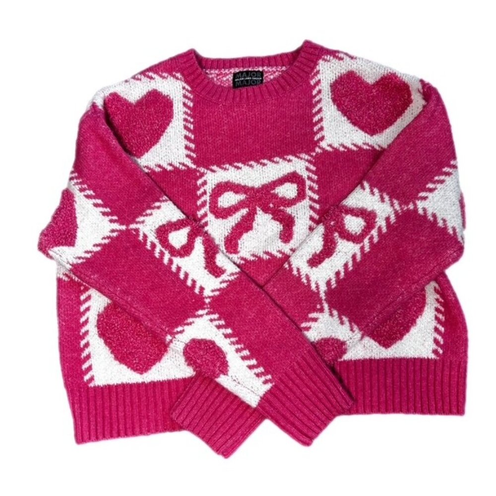 Major Label Group Bows and Hearts Sweater Pink and White Size S NWOT
